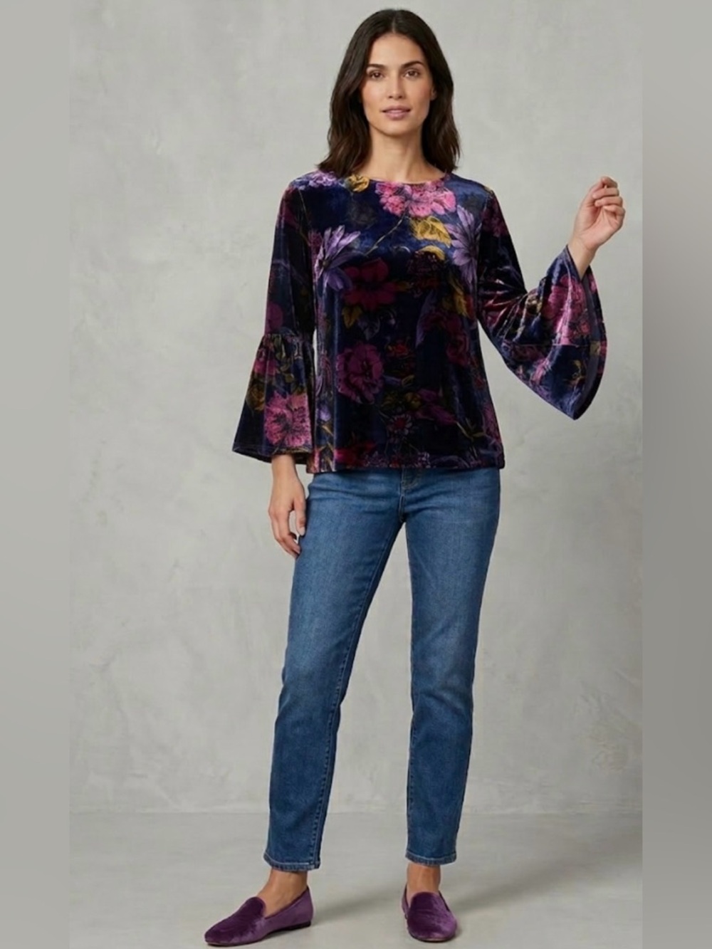 Trina Turk Astral Floral Velvet Silk Blend Crewneck Bell Sleeve size Large